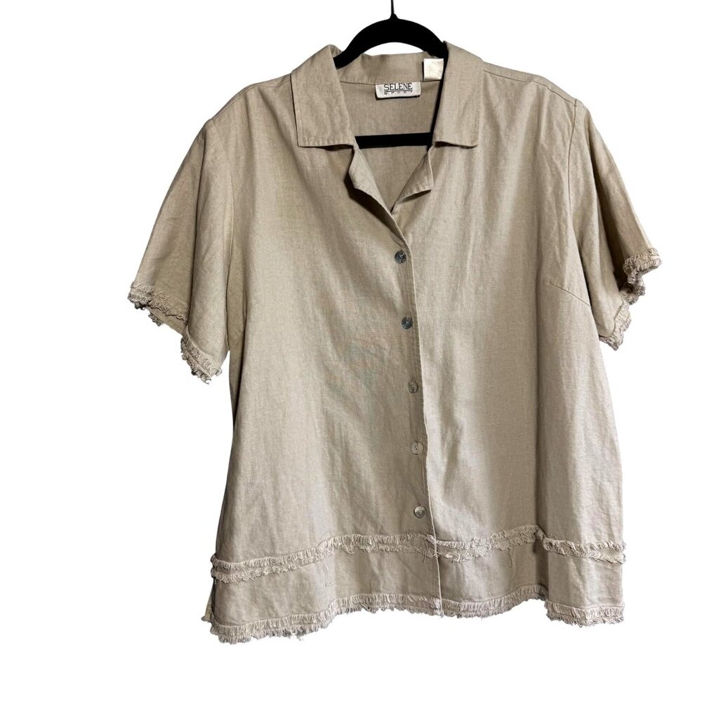 Selene Sport Linen Blend Button Frayed edges Shirt Top Women's 2X Beige